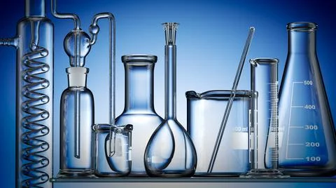 Glass chemistry lab equipment on blue background. Chemistry Lab concept. 3d Stock Illustration