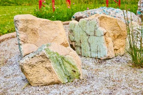 Glass coating rock and concrete like a geode with clear shards on ground and Stock Photos