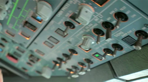 Glass cockpit cabin. Pilot switch electronic controls aircraft Airbus A320 A319 Stock Footage 49448283
