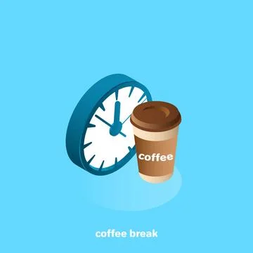 A glass of coffee and a clock on a blue background, an isometric image, a cof Stock Illustration