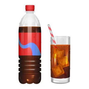 Glass of cola with ice cubes and cola in bottle. Vector illustration. Stock Illustration