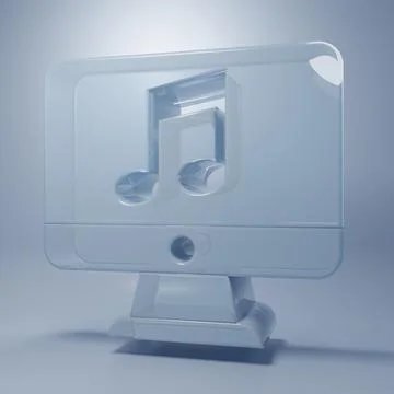 Glass Computer with music note symbol on screen icon isolated on grey backg.. Stock Illustration