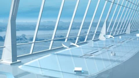Glass conference table by the panoramic win-dow overlooking the cityscape Illustrazione stock