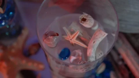 Glass container with seashells used as a centerpiece or decoration at Stock Footage 288457615
