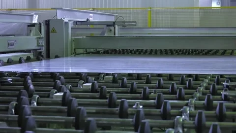 Glass conveyor line. The float glass production plant. Video stock 113950599