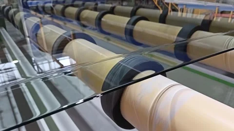 Glass conveyor line. The float glass production plant. Polished glass production Video stock 279298627