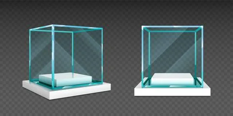 Glass cube box on white stand for exhibit イラスト素材