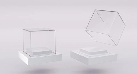 Glass cube box on white stand and open clear square showcase on empty plastic Stock Illustration