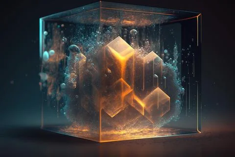 A glass cube with bubbles and bubbles inside it on a table top with a black.. Stock Illustration
