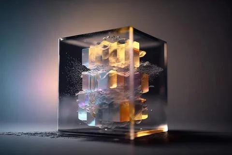 A glass cube with a bunch of different colored objects inside of it on a ta.. Stock Illustration