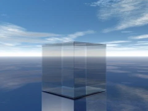 Glass cube in desert under blue sky - 3d illustration Stock Illustration