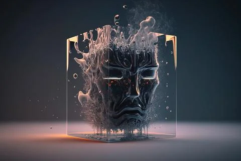 A glass cube with a face inside of it and smoke coming out of it 3 d render.. Stock Illustration