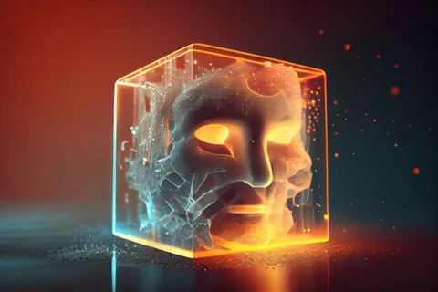 A glass cube with a face inside of it and a glowing light coming out of it .. 스톡 일러스트