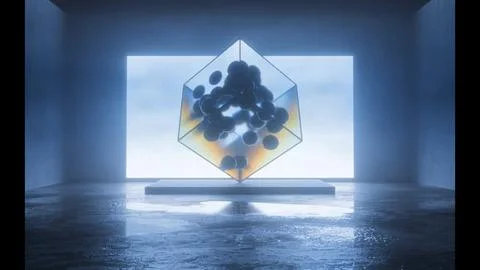 Glass cube filled with dark spheres before a glowing wall screen Stock Illustration