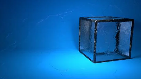 Glass cube in front of blue colored wall, modern style room design, 3D rendering Stock Illustration