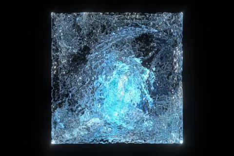 Glass cube with glowing particles inside, 3d rendering. Foto stock