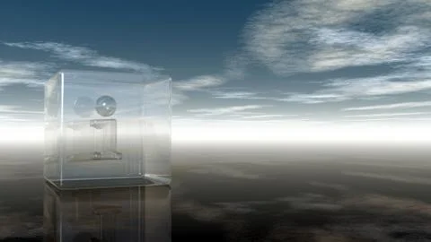 Glass cube with letter i under cloudy sky - 3d illustration Stock Illustration