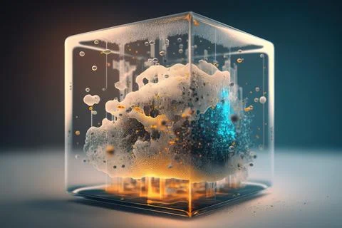 A glass cube with a liquid inside of it and a tree inside of it with bubble.. Stock Illustration