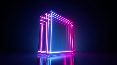 A glass cube with neon glowing lines spinning around. 3d VJ loop motion Stock Footage 247416088