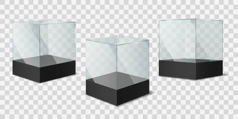 Glass Cube. Transparent shiny cubes on black pedestal, empty showcases for Stock Illustration