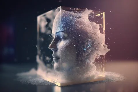 A glass cube with a woman's face in it and bubbles coming out of it photore.. Stock Illustration