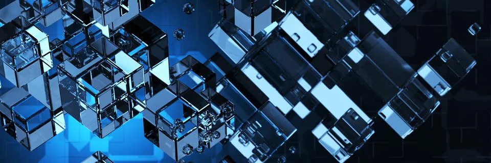 Glass cubes on an abstract tech background. Abstract technological background Stock Illustration