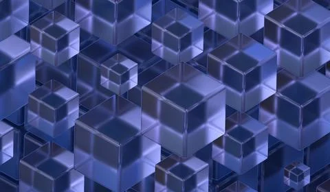 Glass cubes,3D abstract background 3D rendering of purple-blue glass cubes. Stock Illustration