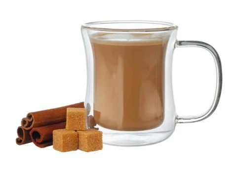 Glass cup of coffee and stack of sugar cubes isolated on white Stockfoto's