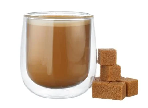 Glass cup of coffee and stack of sugar cubes isolated on white 写真素材