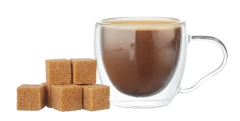 Glass cup of coffee and stack of sugar cubes isolated on white Stock Photos