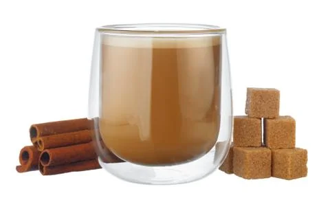 Glass cup of coffee and stack of sugar cubes isolated on white 스톡 사진