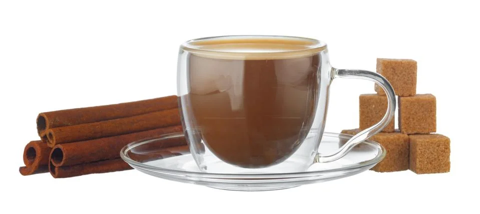 Glass cup of coffee and stack of sugar cubes isolated on white 写真素材