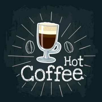Glass cup coffee. Vector flat icon with rays, lettering, bubble Illustrazione stock