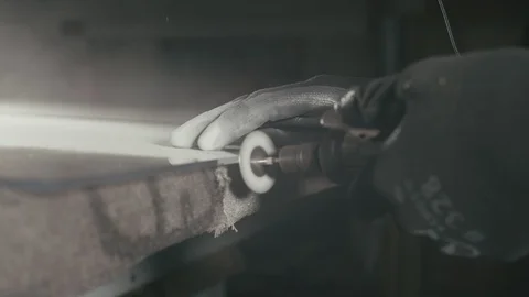 Glass cutting and processing for fireplace doors. Circular glass cutter. Worker Stock Footage 121386516