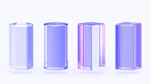 Glass cylinder, rectangle cube and hexagon pillar, 3d render icons set. Crystal Illustrazione stock