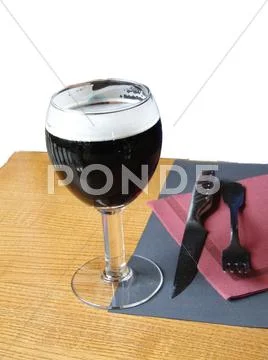 Glass Of Dark Beer On Restaurant Table In Ski Resort At ..
