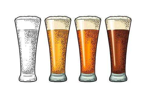Glass with different types beer - lager, ale, stout. Vintage color engraving Stock-Illustration