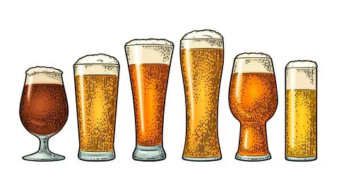 Glass with different types beer - lager, ale, stout. Vintage color engraving Stockillustratie