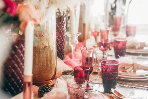 Glass dishware on dining table. party banquet Stock-Fotos