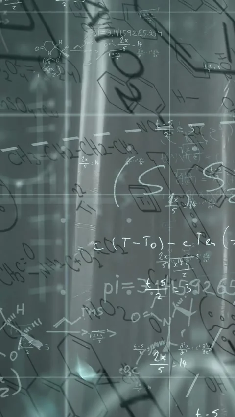 Glass displaying math and science diagrams on grid drifting as light streak Stock Footage 332985123