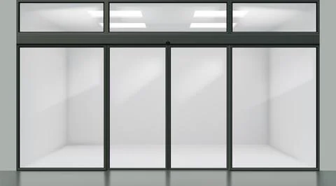 Glass door. Office window front view. Shop building storefront transparent frame Ilustración de archivo