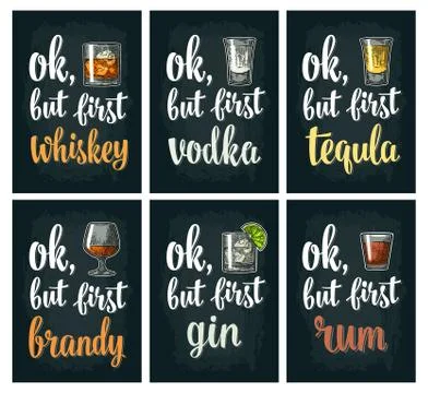 Glass drink with brandy, tequila, gin, vodka, rum, whiskey. Engraving Stock Illustration