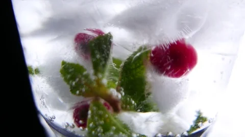 Glass with drink, ice, mint and berries. Closeup Stock Footage 74021273