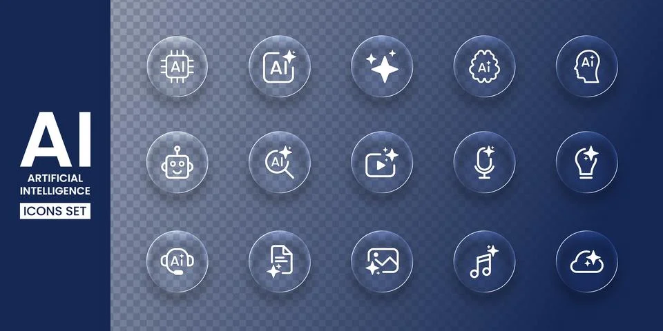 Glass Effect AI Artificial Intelligence Icon Set Vector Collection 库存插图