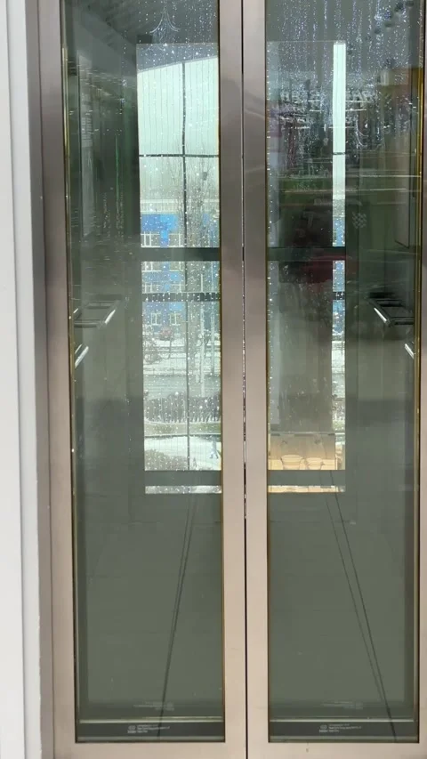 Glass elevator doors closing. Empty lift. The metal doors closed smoothly.New Vídeo Stock 329666714