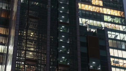 Glass Elevators Moving Inside Modern Office Building Night Timelapse 動画素材 335188580