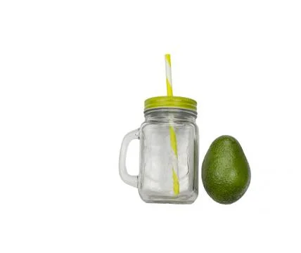 Glass empty jar, mug with a green cover, handle and straw isolated on white Stock Photos