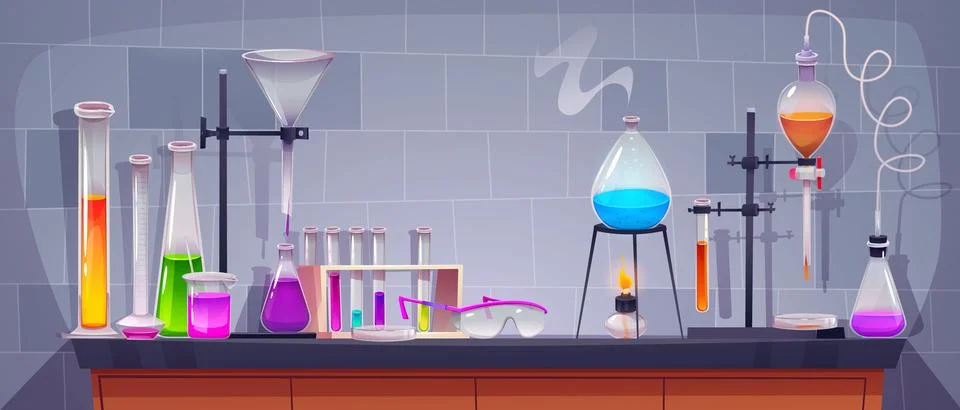 Glass equipment on table in laboratory 스톡 일러스트