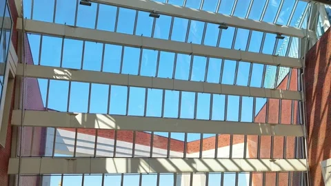 Glass Facade And Skylight Structure In Modern Public Building Stock Footage 334316839