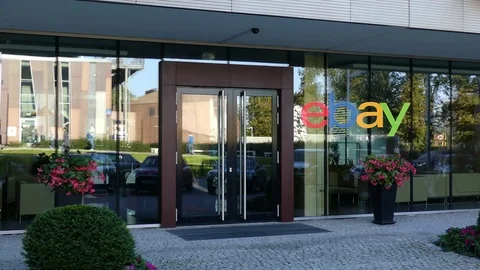 Glass facade of a modern office building with eBay Inc. logo. Editorial 3D Stock Footage